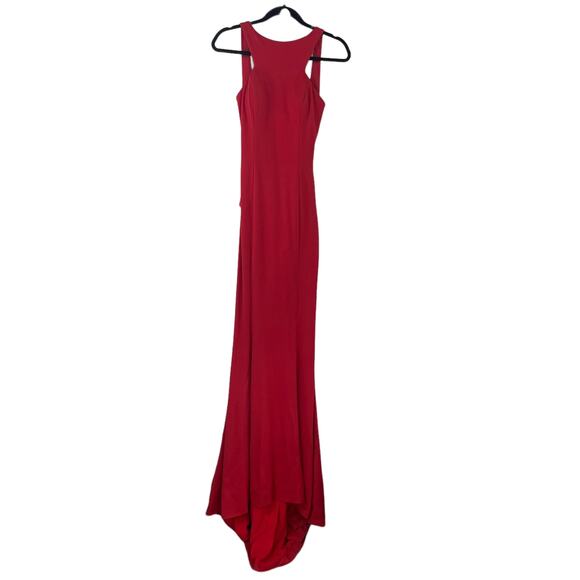 Jovani Style 21899 Fitted Jersey Halter Neck Ruffle Open Back Gown Red 2 ASIS - Picture 2 of 13